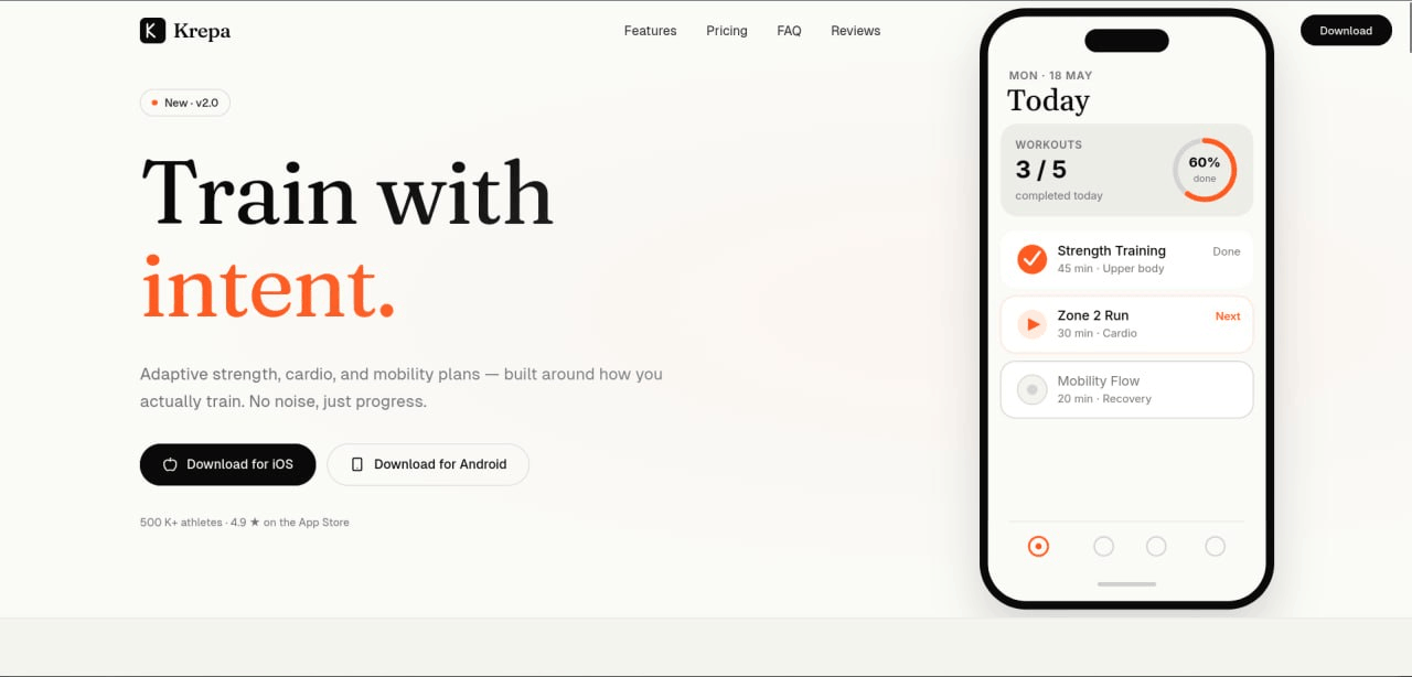 Krepa — Landing Page by Vexor. Промо-лендинг для фітнес застосунку з анімаціями та CTA для завантаження.